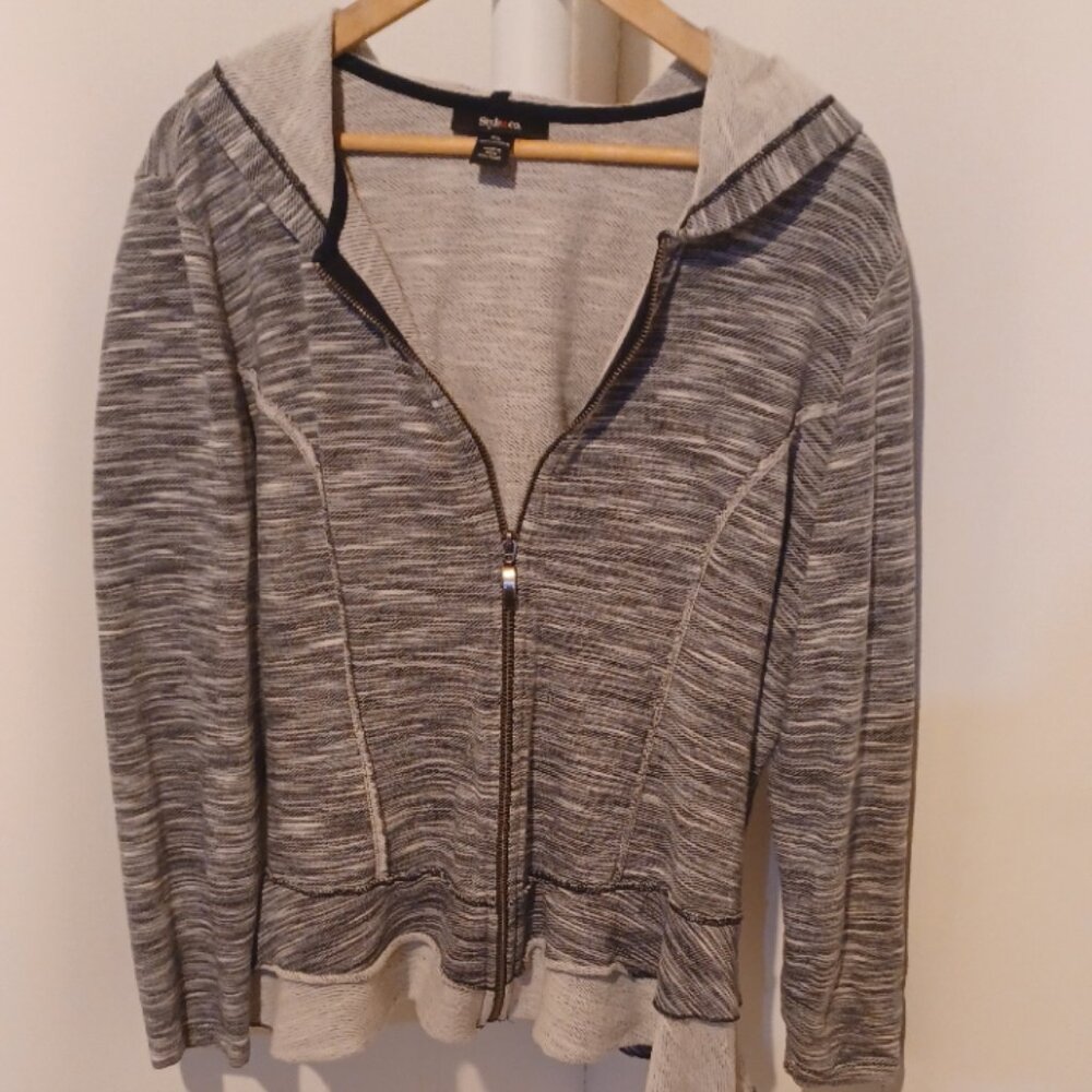 Style & Co Zip Up Distressed Ruffled hem black/White Cute Cotton Hoodie XL